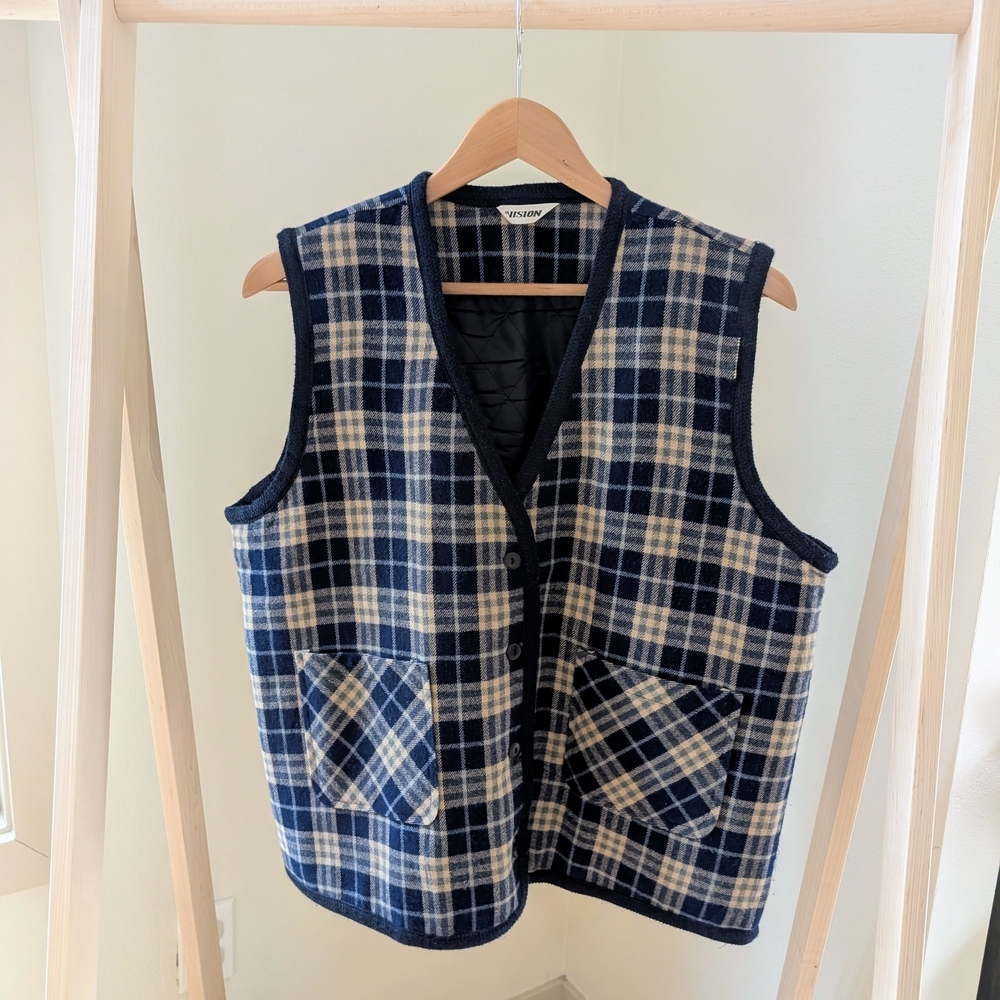 Vintage Plaid Button Front V-neck Vest In Navy/Cream